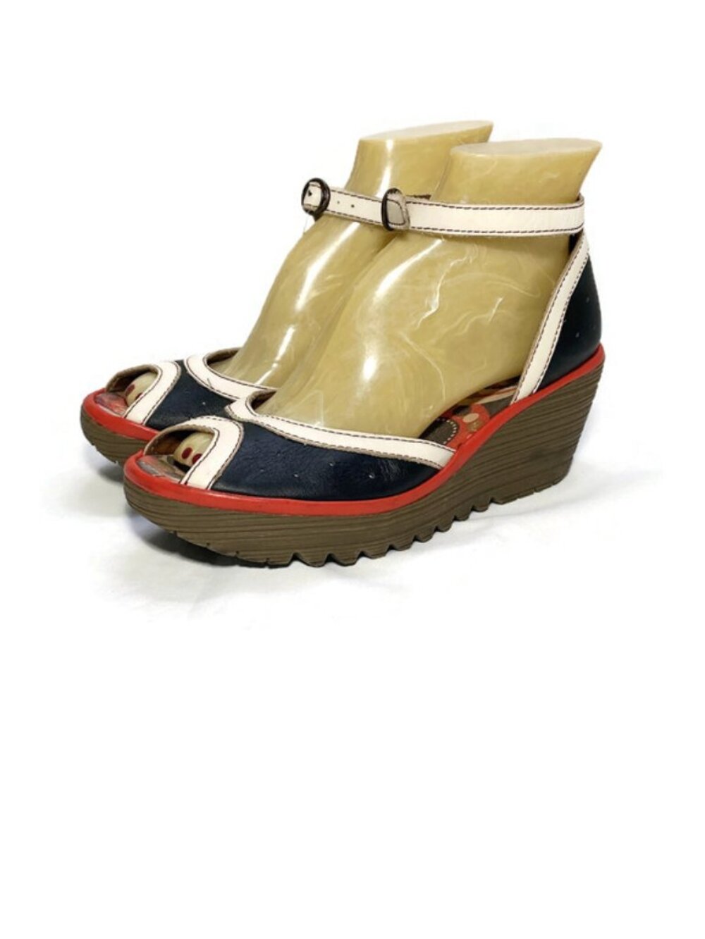 Fly London Sandals peep Toe Ankle strap black cream red